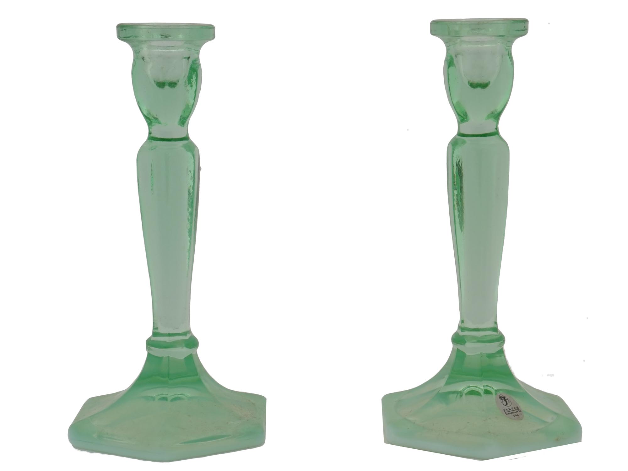 AMERICAN ART DECO FENTON GREEN GLASS CANDLESTICKS PIC-0